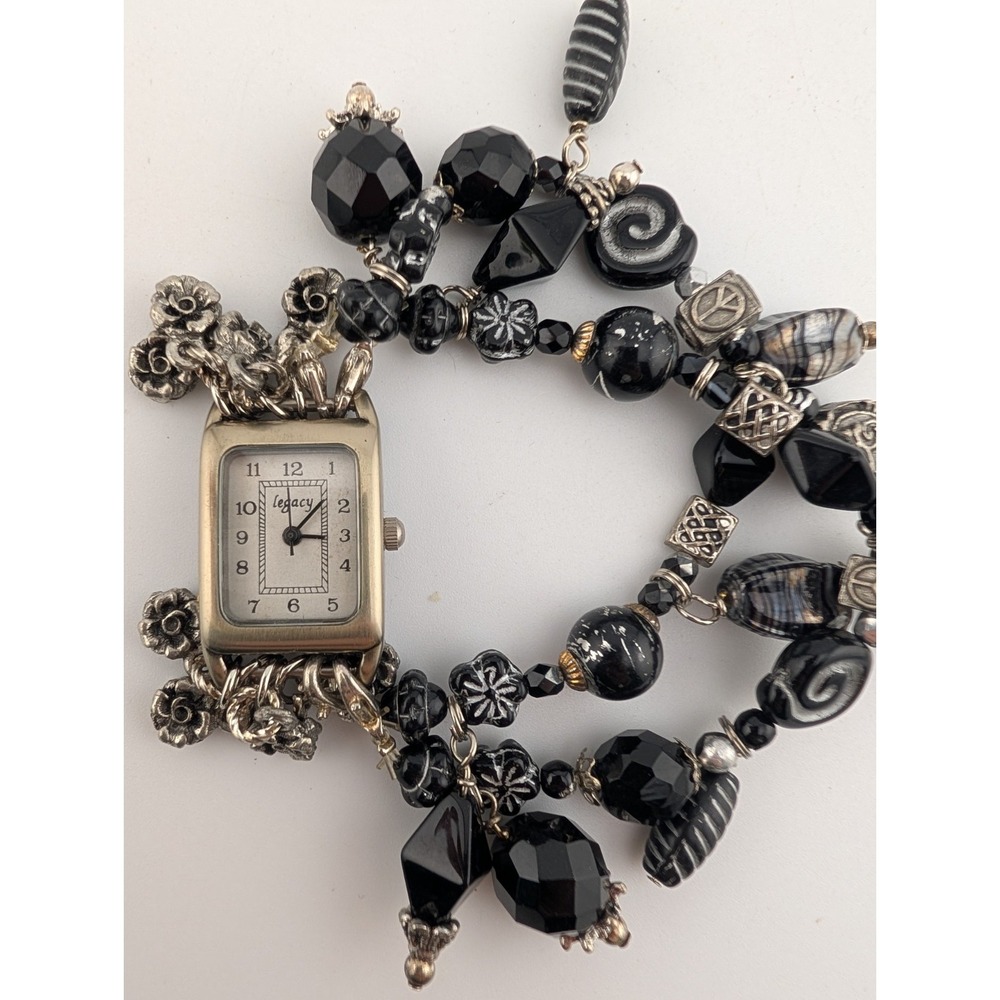 Legacy Watch Women 20mm Silver Case Silver & Black Beaded Band- New Battery‎
